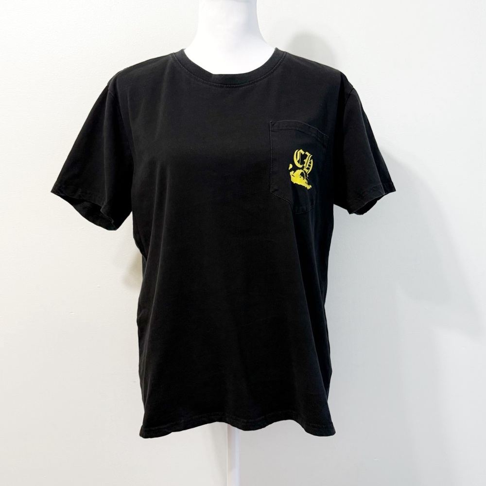 CHROME HEARTS BLACK YELLOW LOGO PRINT CH CHEST POCKET CREWNECK TEE SHIRT - Picture 2 of 10